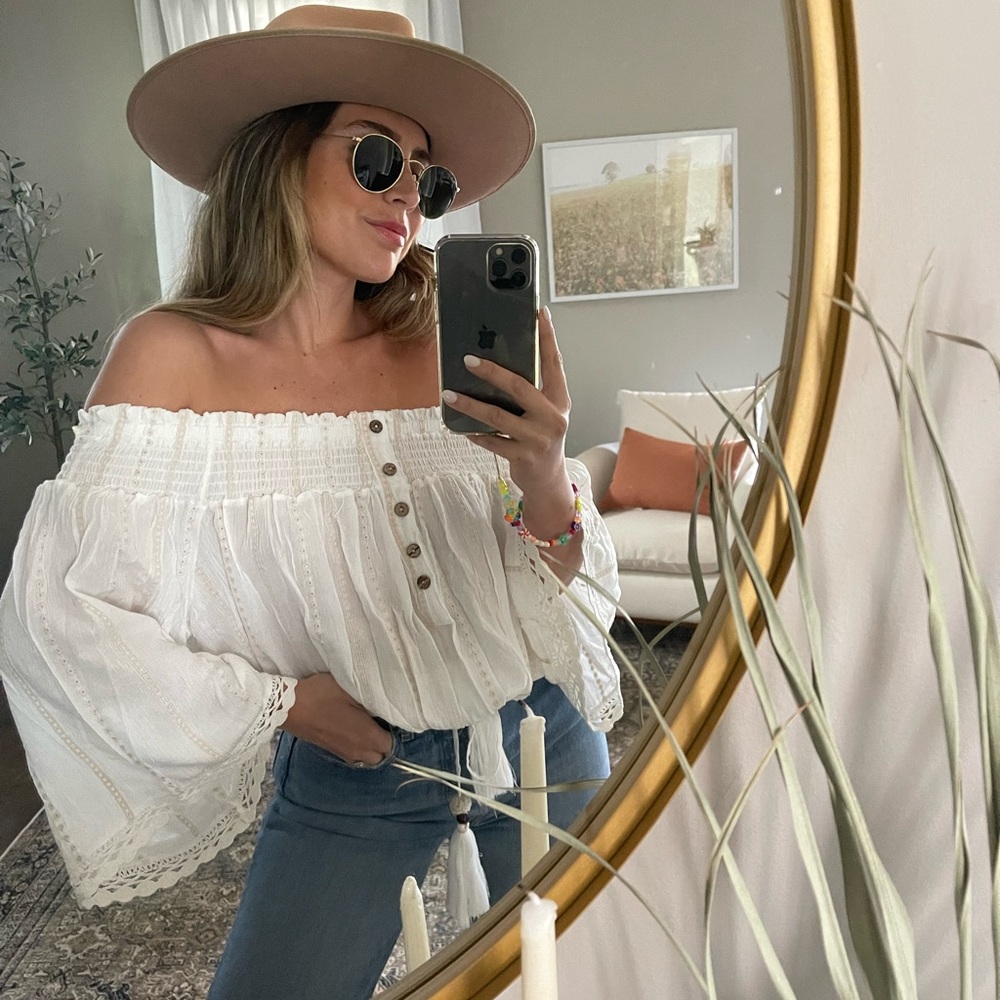 SOLD NEW Ivory With Tan Embroidery Rayon Crinkle Off Shoulder Top